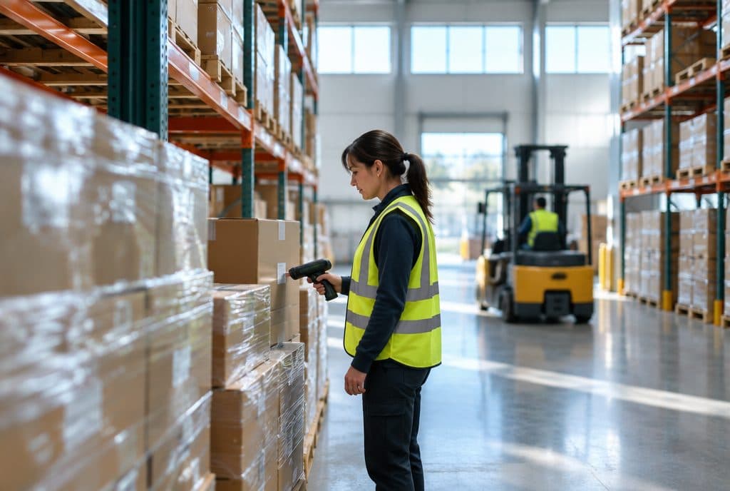Trabajadora revisando cajas con un lector en una bodega de exportación